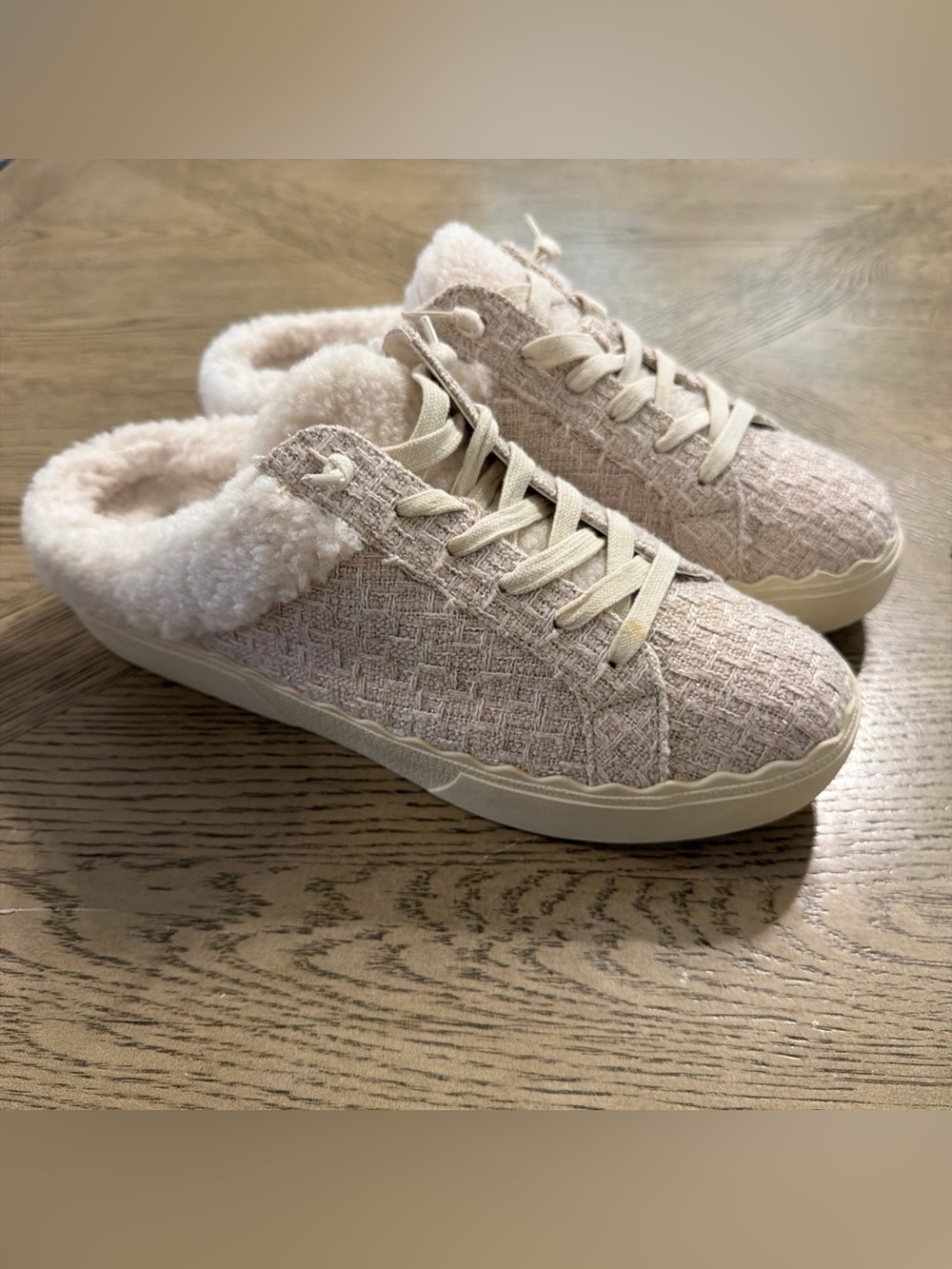 Anne Klein Courage Cozy Mule Sneakers Beige Woven Plush Lined Slip-On 11
